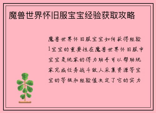 魔兽世界怀旧服宝宝经验获取攻略