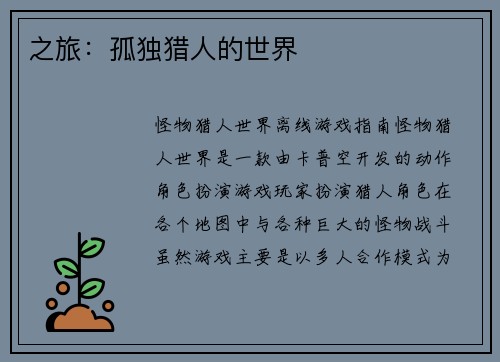 之旅：孤独猎人的世界